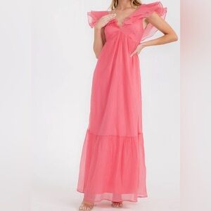 Pink Ruffle Sleeve Maxi Dress- (Multiple Sizes Available)
